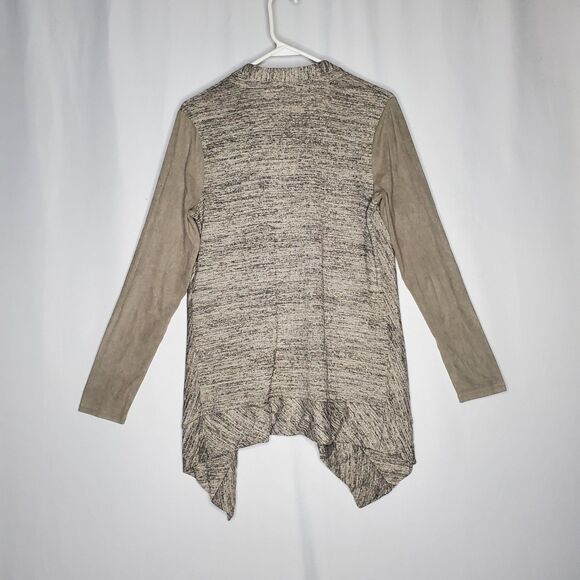 Logo Lori Goldstein Cardigan Women XS Taupe Knit Faux Suede V-Neck Zip Pocket - Picture 2 of 8